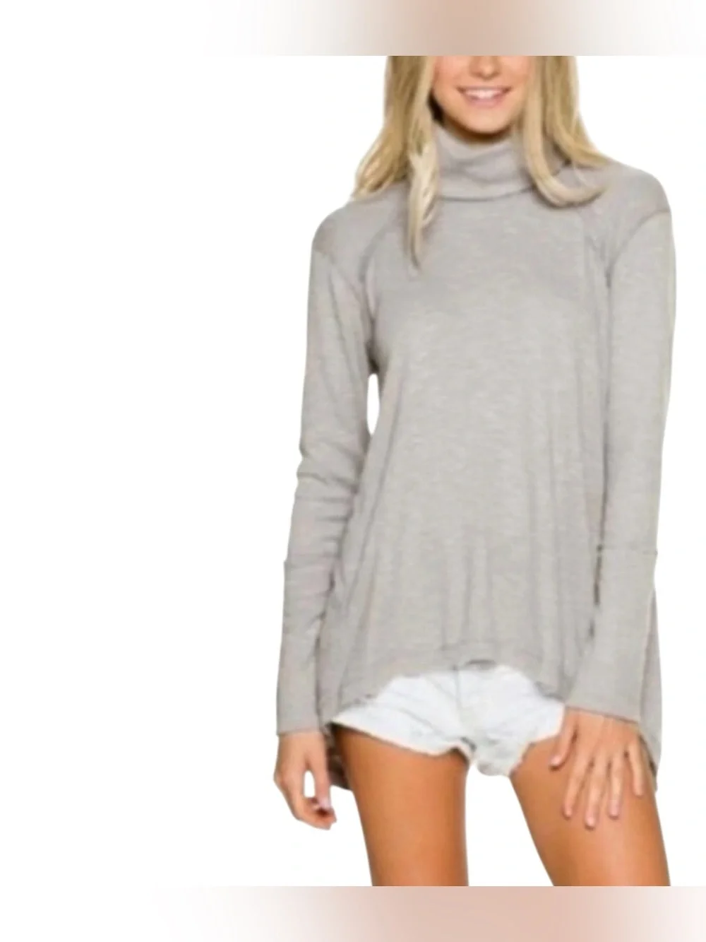 We The Free Boho Light Heather Gray Turtleneck Swing Split Back Pullover